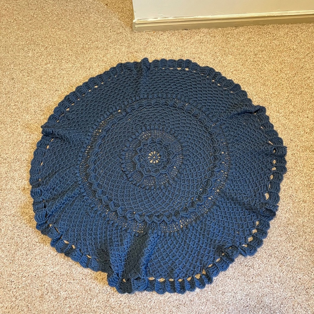 Handmade Round Crochet Throw Blanket Navy Blue Circular Mandala Afghan 35"